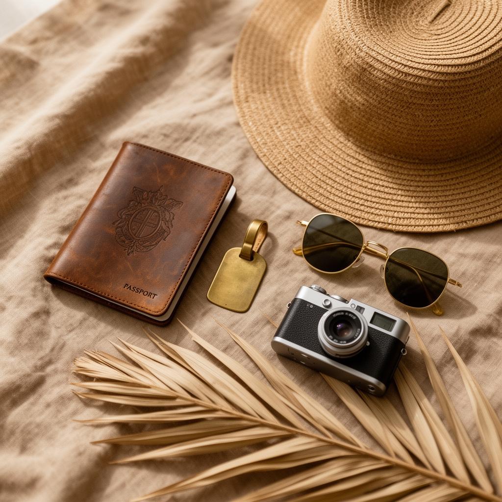 Travel flatlay with passport, hat, and camera